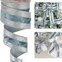 HUIHUANG Blue and Silver Wired Velvet Ribbon with Glitter Silver Stripe - 2.5 inch Dusty Blue, 10 Yards for Christmas Tree, Bows, Wreaths, Gift Wrapping, Garlands