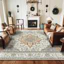Area Rugs 5'x7' Washable Non-Slip, Floral Vintage Distress Print Pattern Medallion Carpet for Living Room Bedroom Dining Room, Light Yellow Carbon Grey Orange