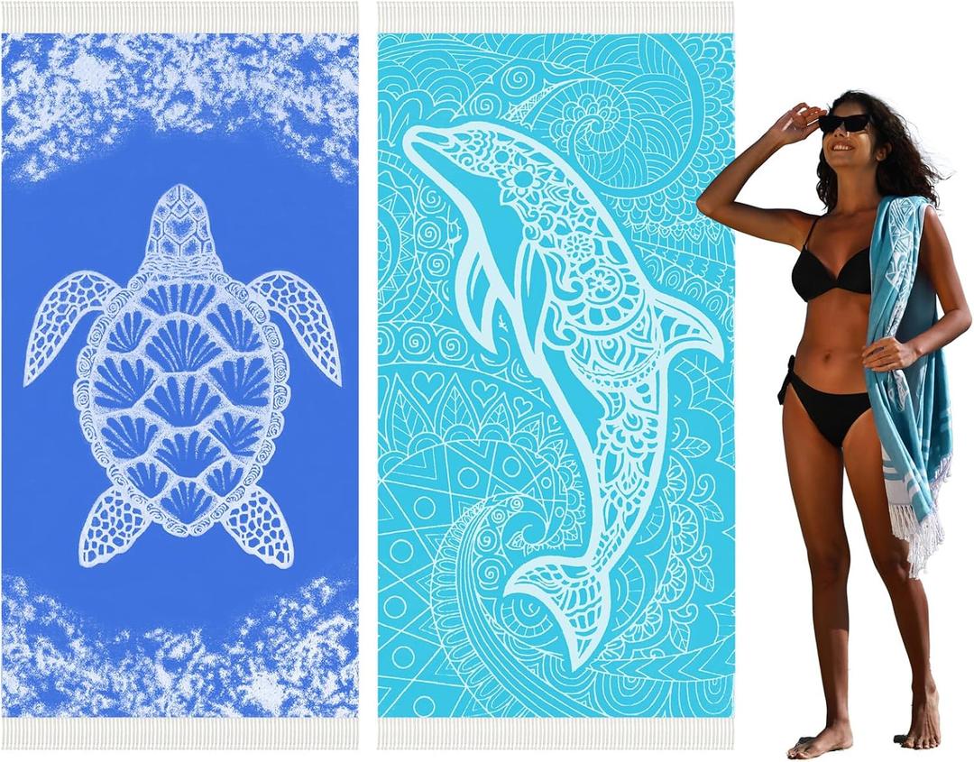 Thin Turkish Beach Towel Lightweight Quick Dry Absorbent Cotton Bathroom Bath Pool Swim Towels Extra Large Oversized Sand Free Beach Accessories Essentials Cloud Gifts for Adult (X-Large(79 x 36 inches,200 x 90 cm), 2 Pack Dark Blue Turtle Blue Dolphin)