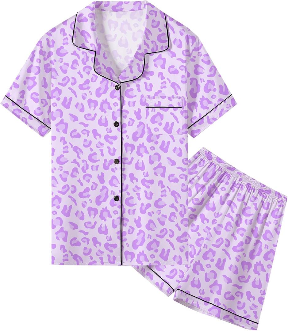 Umeyda Women & Girls Pajamas Set, Soft Satin Lightweight Silk Button-Down Top with Shorts 2 Piece PJS for Mom Boys Kids Gifts (7-8 Years, Bright Purple Leopard)