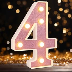 LED Marquee Numbers, Light Up Numbers for Party, Small Light Up Letters, Battery Powered Lighted Number for Birthday or Home Decor (Pink Glitter 4)