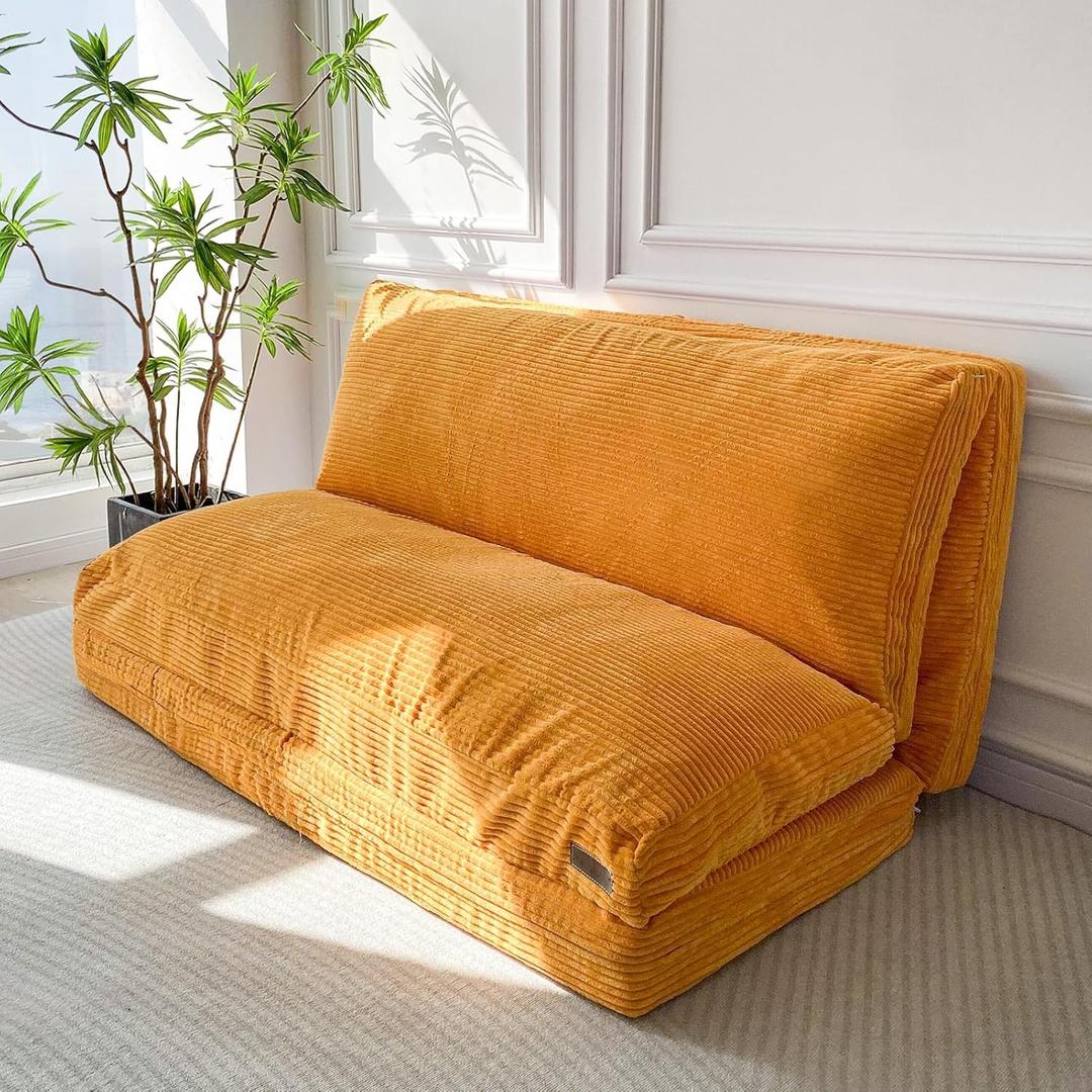 MAXYOYO Bean Bag Bed Folding Sofa Bed Floor Mattress for Adults, Extra Thick and Long Floor Sofa with Corded Washable Cover (Full 54x95 Inch, Orange)