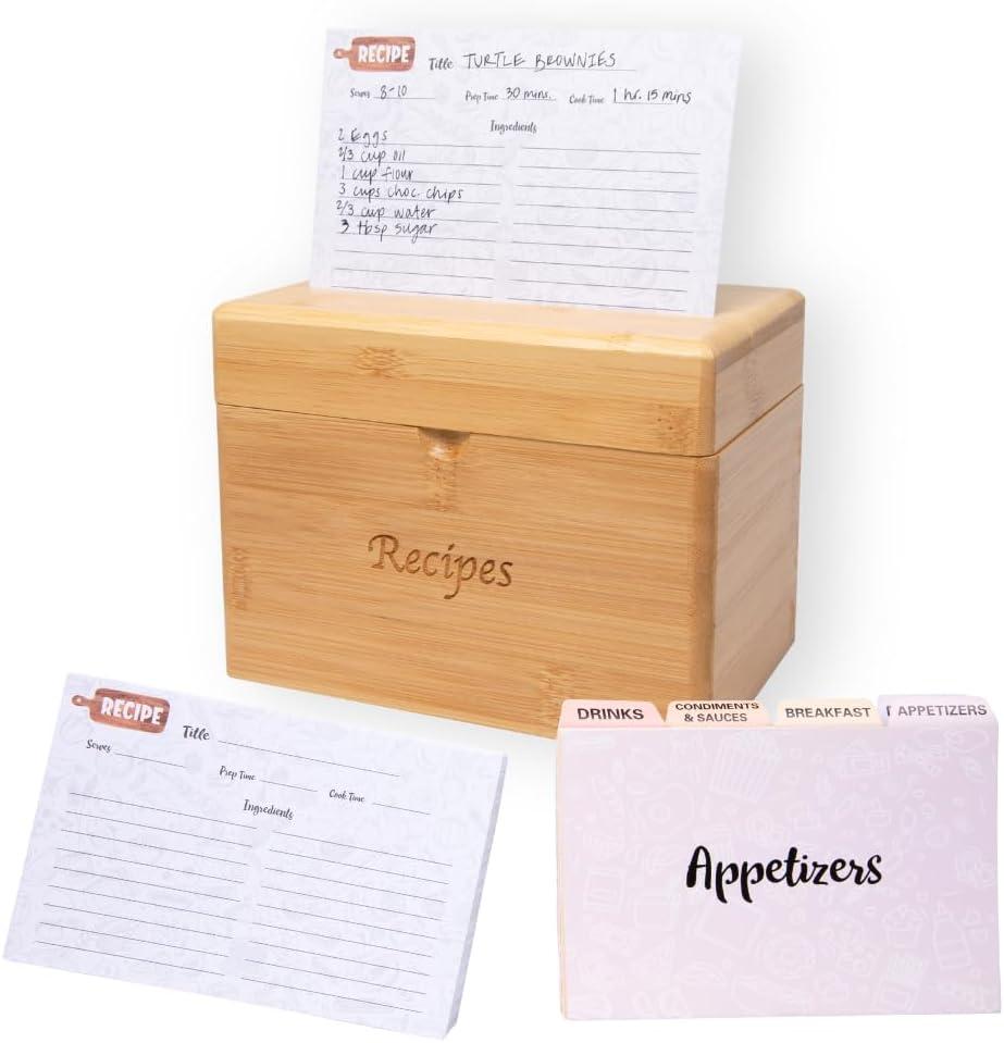 Bamboo Recipe Box with Cards and Dividers - Elegant Recipe Cards and Box Set Includes 50 Card 4x6 and 8 Category Dividers (Pastel)