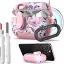 TATOFY for AirPod Pro 1st & 2nd Gen Case with Phone Stand Lock Carabiner Cleaning Kit, Floral AirPods Pro Hard Shell Dustproof Cover for Women, MagSafe Compatible (Pink 2, AirPods Pro & Pro 2)