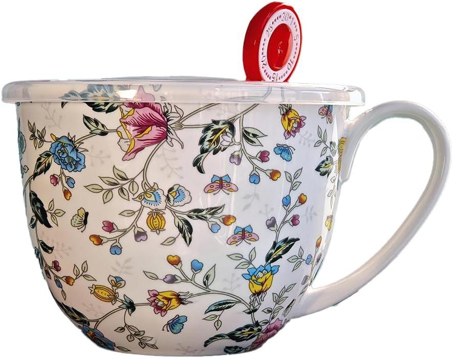 Lightweight Large Soup Mug with Lid Microwave Safe Bone China Soup Bowls with Handles, 21 fl oz Big Coffee Cup For Tea, Cereal, Soups, Large Handle for Comfort, Floral Design Gift for Women