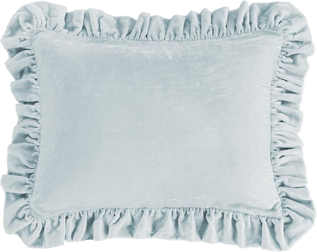 HiEnd Accents Stella Faux Silk Velvet Oblong Pillow, 16x21 inch, Light Blue, Romantic Western Modern Traditional Style Luxury Bedding, Decorative Throw Pillow (Icy Blue Oblong Ruffled)