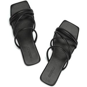 Women's Flat Sandals Strappy Square Open Toe Slide Sandals Dressy Comfortable Wide Feet Friendly (8.5, Black)