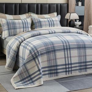 Cotton Plaid Quilt Set, Ultra Soft 3 Pieces Queen Size Bedding with 2 Pillow Shams, Lightweight Reversible Coverlet Bedspread with Wave Quilting for Summer, 90"x96", Grid-Blue White