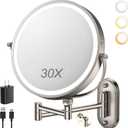 ZLOKLA 9" Wall Mounted Lighted Makeup Mirror,4000mAh Rechargeable Double Sided 1X/30X Magnifying Mirror with Light,Touch Dimmable,Extended Arm 360 Rotation Wall Mounted Makeup Mirror 3 Color Lights-N