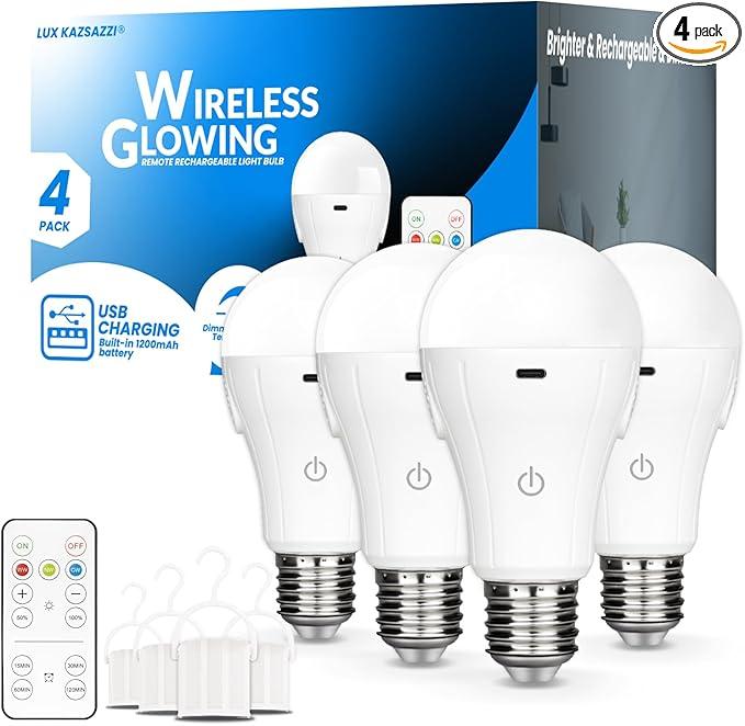 LUXKAZSAZZI WirelessGlow Rechargeable Light Bulbs with Remote, 3 Color Temperatures and Dimmable Battery Light Bulbs, Touch Control + USB Rechargeable Battery Operated Light Bulb, A19