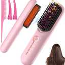 Cordless Hair Straightener Brush, Portable Ionic Plus Frizz-Free Straightening Brush, Rechargeable Touch Up On-the-Go Brush, MCH Fast Heating, 5D Dense Bristles, Auto-Off, Anti-Scald for Women Travel