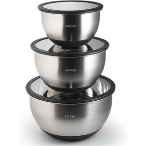Premium Quality/Heavier Gauge Metal Mixing Bowls Stainless Steel Mixing Bowls with Lids Set 3-Piece Dishwasher-Safe Clear Glass Lids, No Plastics