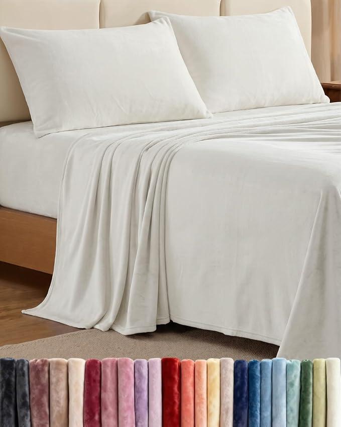 CGK Sheets King Size Set - 4-Piece Velvet Flannel Sheet Set - Ivory Super Soft Fleece Bedding, 1 Flat & 1 Fitted and 2 Pillowcases, Cozy Warm, Comfy & Plush, Deep Pockets, Fuzzy & Anti-Static, Color: 04 - Ivory