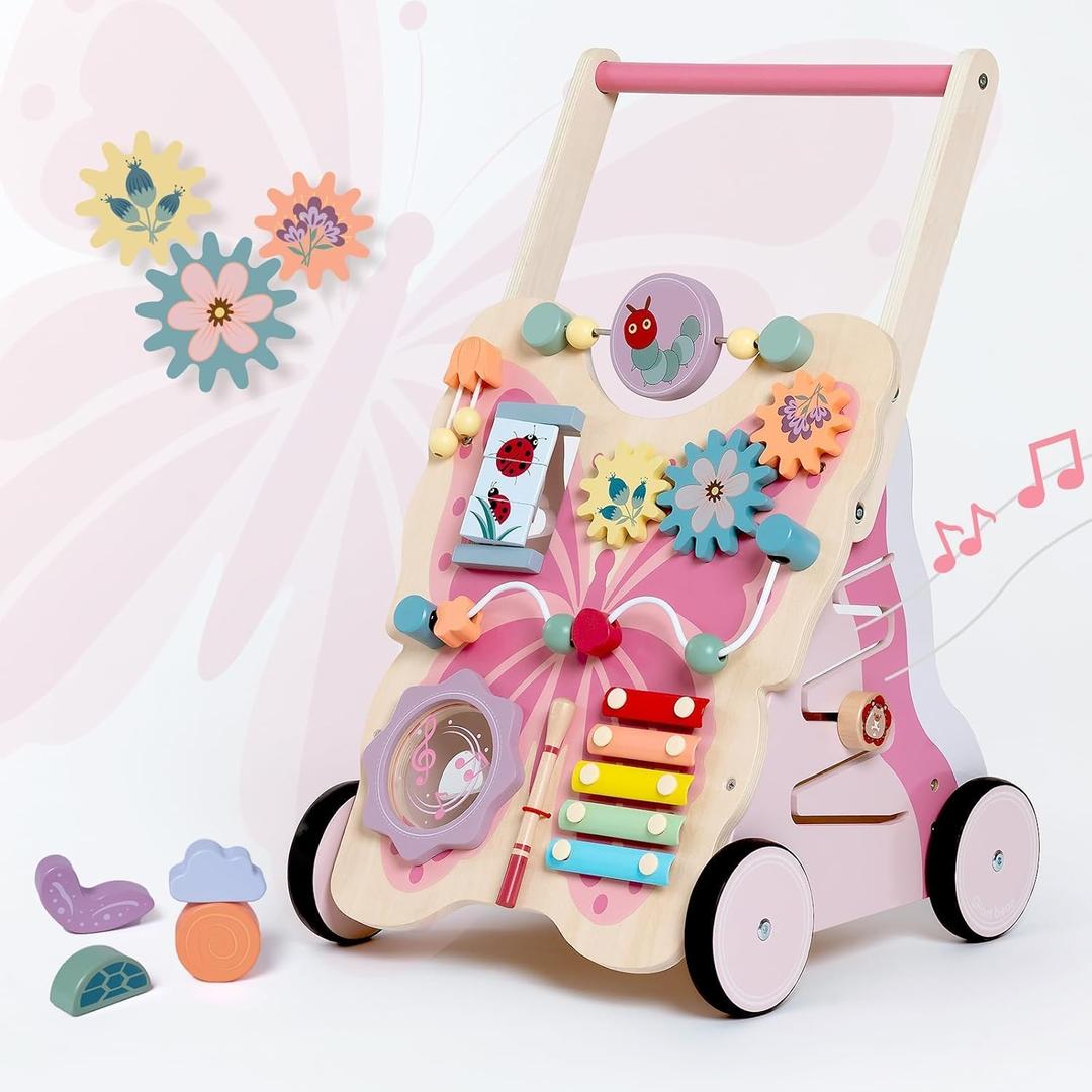 Wooden Baby Push Walker for Girls Toddler Kids 1-3 with Activity Center, Pink Butterfly Montessori Learning Push Walker with Wheels, Christmas Gift Develops Motor Skills & Stimulates Creativity
