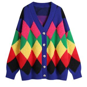 Ckikiou Women's Oversized Fall Winter Button Down Cute Color Block Knitted Chunky Sweater Cardigan Top