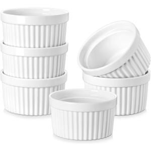 MALACASA Ramekins 8 oz Oven Safe, Porcelain Creme Brulee Ramekins Pudding Custard Cups Ceramic Souffle Dishes Ramakan Ramiken Ramicans Baking Bowls Set of 6, White, Series RAMEKINDISH