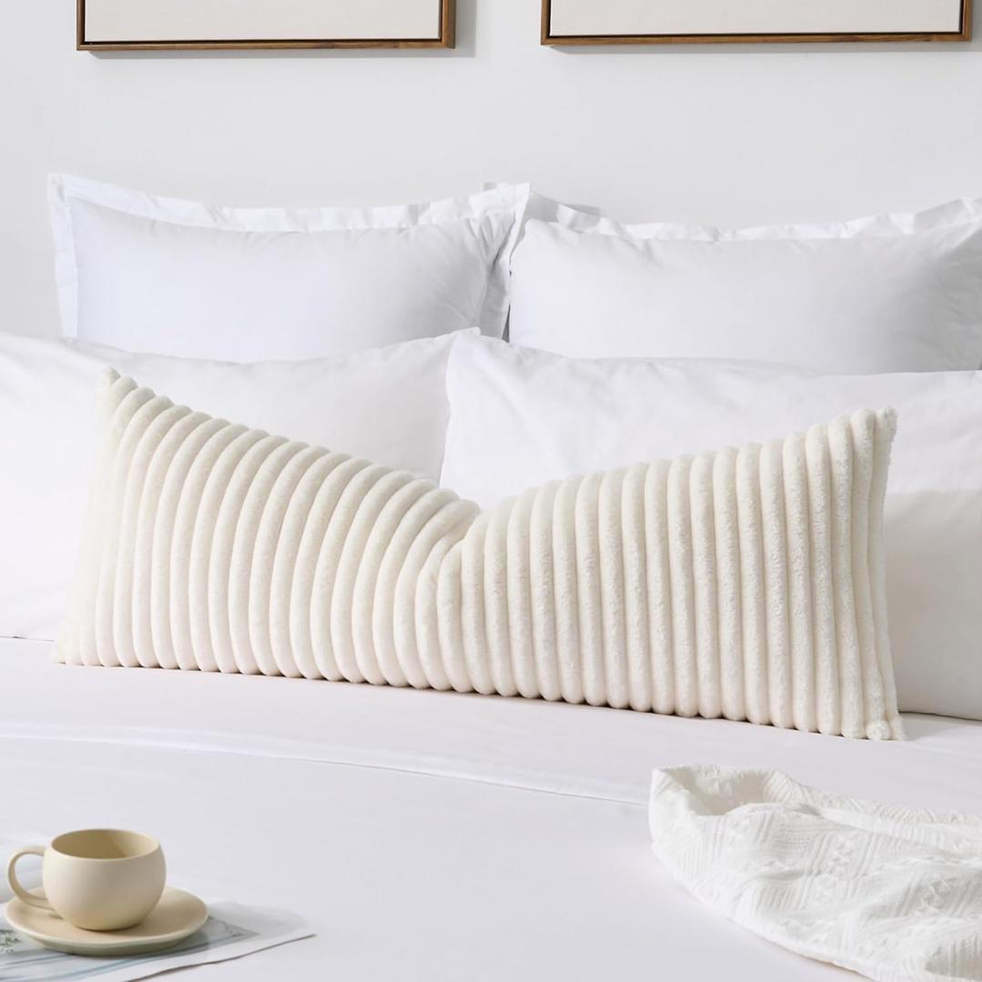 Kevin Textile Soft Plush 14x36 Inch Long Lumbar Pillow Cover 1 Pack, Luxury Fluffy Faux Fur Striped Flannel Rectangle Body Cushion Case for Couch Sofa Chair Bed Home Decor, Cream White