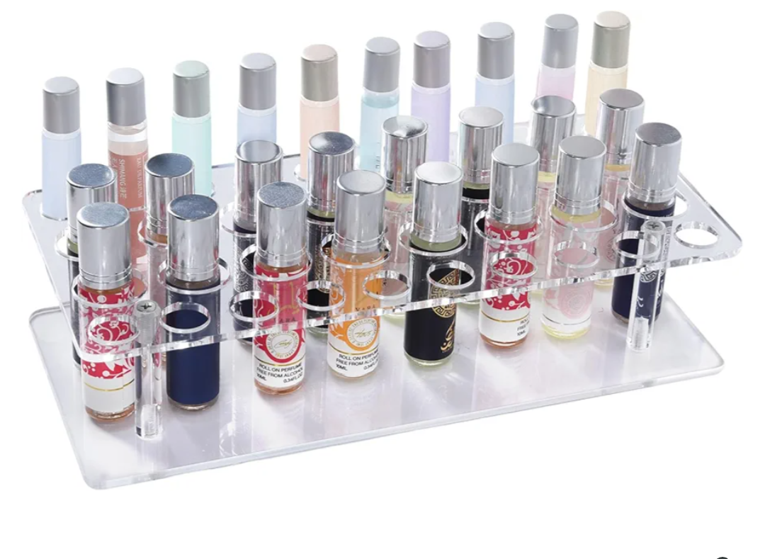 IPENP Rollerball Perfume Organizer, Beauty Scent Holder, 36 Space Clear Acrylic Perfume Organizer consists of 16 large sizes and 20 small sizes Tall Scented Oil Storage Display Case