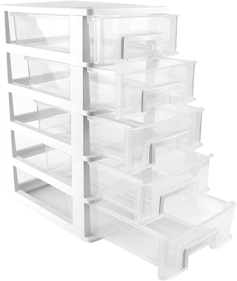 5 Tier Plastic Drawer Type Closet,Portable Storage Cabinet Sundries Storage Cosmetics Jewelry Storage Box for Home OfficeWhite (Size 1-4)