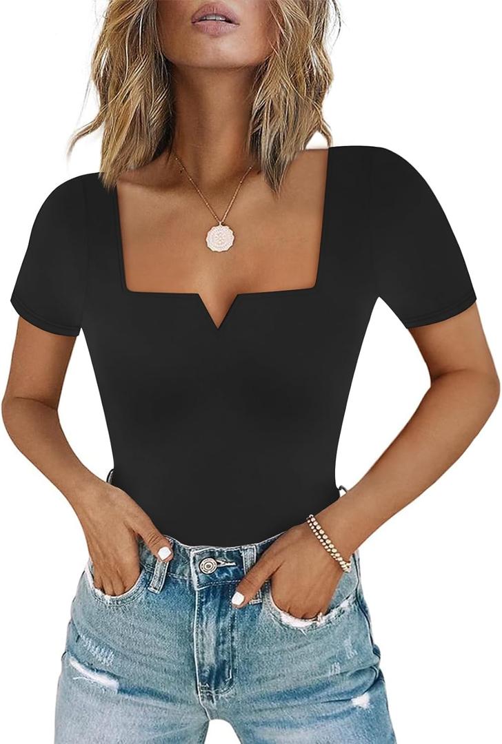 Chunpin Women's Sexy Square Neck Notch V Neck Short Sleeve Bodysuit Tops Thong Bodysuit Black Small
