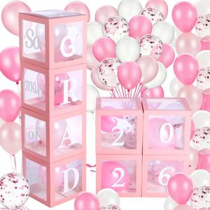 Sanwuta 2026 Graduation Decorations, 8 Pcs Pink Balloon Boxes for Graduation Party with Letter Grad 2026 & So Proud of You and 60 Pcs Ballons, Class of 2026 Grad Congrats Party Supplies for Any Grades