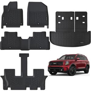 Floor Mats & Cargo Liner with Backrest Mat for 2020-2024 2025 Kia Telluride 7&8 Seats All Weather Protection TPE Rubber Floor Liner & Trunk Mat Full Set Automotive Mat Accessories, Black