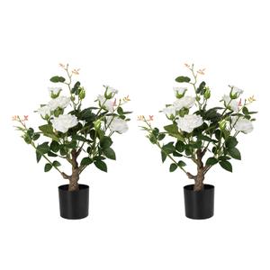 Jcezvnt 24 Artificial Rose Tree, 2 Pack Faux Rose Plants with White Flowers and Green Leaves, 2FT Silk Potted Tree for Indoor Outdoor Home Office Porch Garden Decor, White