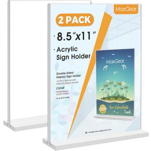 MaxGear Acrylic Sign Holder 8.5x11 Inches 2 Pack, Double Sided Clear Display Stand Table Top Paper Holder, Vertical Menu Flyer Stand, Plastic Frame for Stores, Restaurants, Hotels, Office