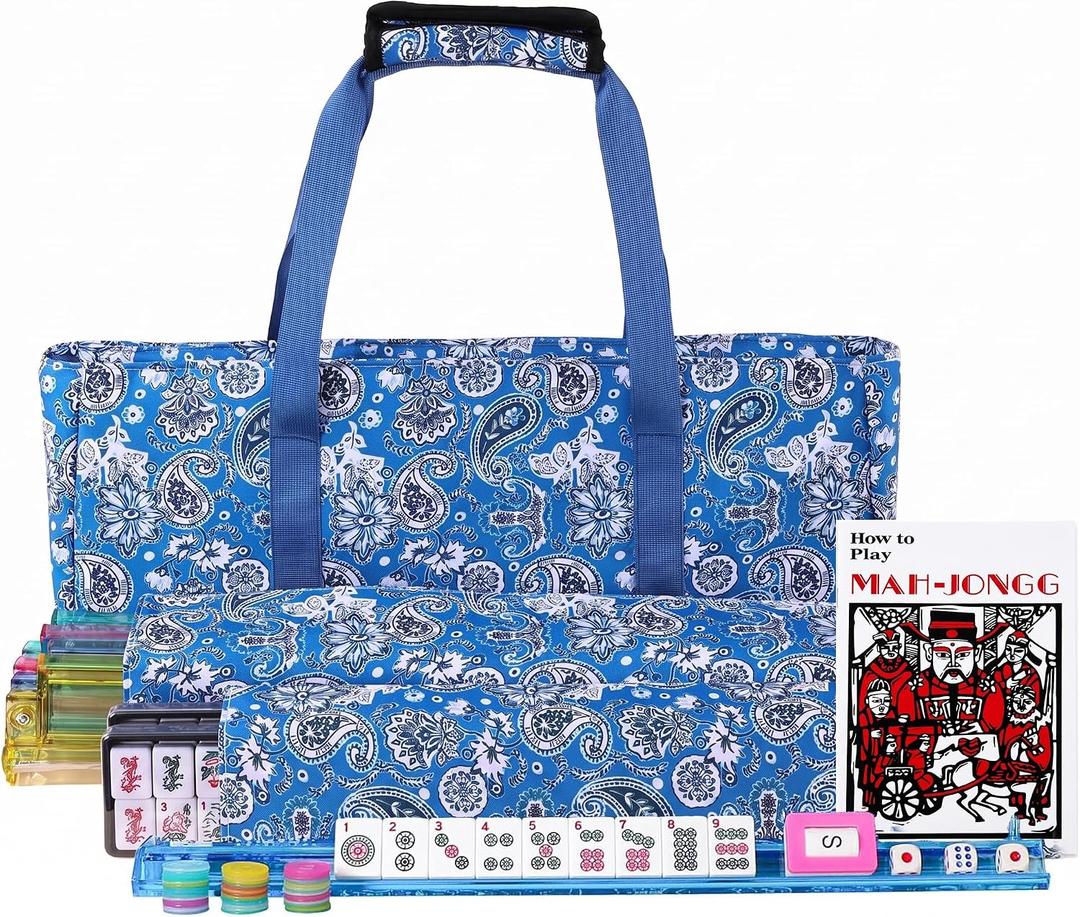 American Mahjong Set with Blue Carrying Bag, 166 White Tiles, 4 All-in-One Rack/Pushers, Mahjong Tiles Set (Ma Jong, Mah-Jongg, Majiang), 1.2" x 0.9" x 0.5"