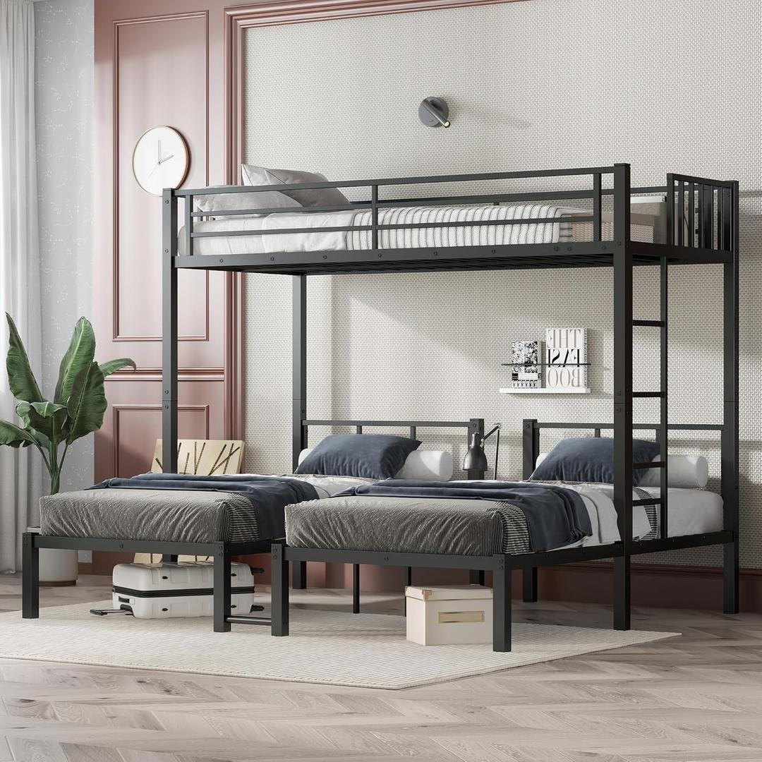 Bellemave Metal Twin Over Twin Over Twin Bunk Beds for 3 Kids, Heavy Duty Triple Bunk Bed Frame with Built-in Desk,3 Bed Bunk Beds,Twin Size Triple Bed,Detachable,Black