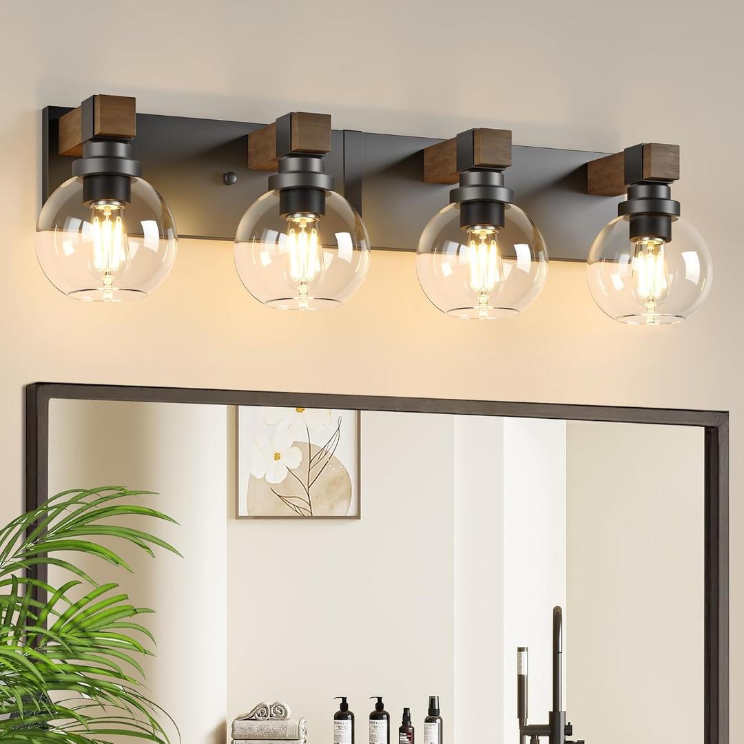 Farmhouse Bathroom Vanity Light Fixtures, 4-Light Wood Bathroom Light Fixtures Over Mirror, Rustic Sconces Wall Lighting with Glass Shade for Living Room, Bedroom, Hallway (Black)