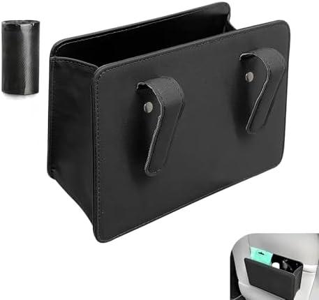 Qurbuns Car Trash Can, Leather Vehicle Trash Bin with 1 Roll Trash Bag, Mini Foldable Seat Back Hanging Storage Bag Container, Waterproof Car Door Storage Box, Universal for Most Cars (Black)