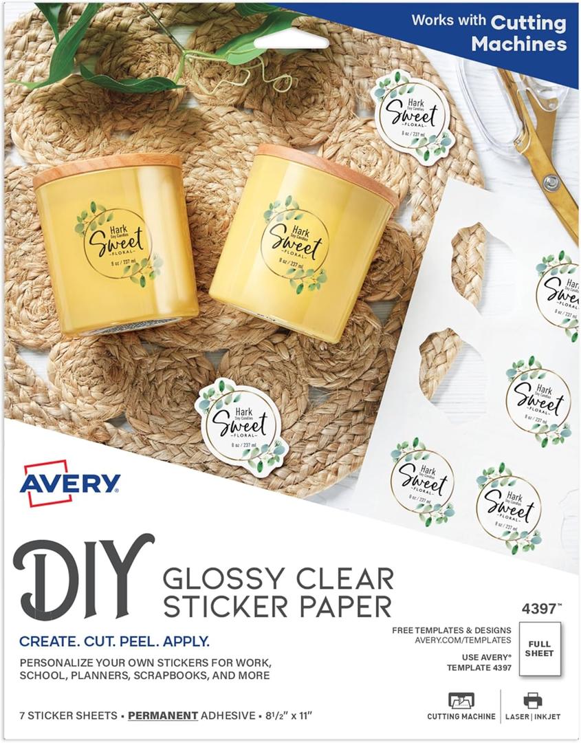 Avery Printable Sticker Paper, 8.5" x 11", Glossy Clear, Permanent Adhesive, Laser/Inkjet Compatible, 7 Full-Size Label Sheets, Great for Product Branding, Cute Stickers, Custom Signs, and More (4397)
