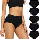 POKARLA Women's Cotton Stretch Underwear Ladies Mid-high Waisted Briefs Panties 5-Pack (Medium, Black)