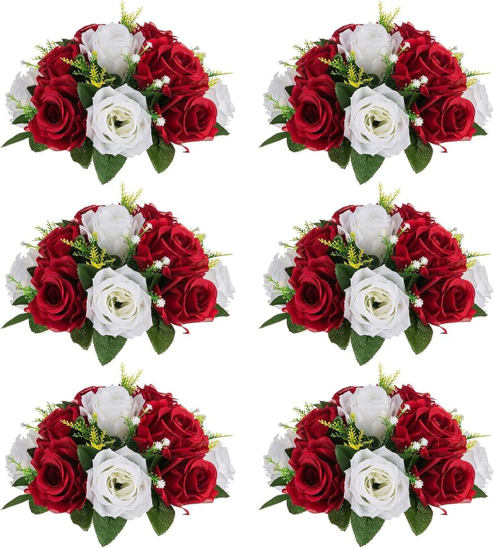 NUPTIO Artificial Flower Centrepieces for Tables - 6 Pcs Crimson & White Fake Flowers Roses Balls 9.5in Diameter - Silk Faux Rose Arrangement for Wedding Party Centerpiece Table Decorations