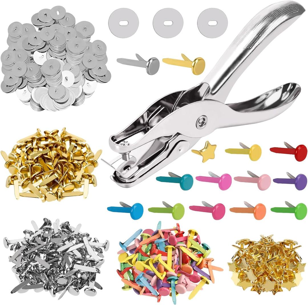 200 Pieces Paper Fasteners Brads, Multi Color Mini Brads Round Fasteners with 200 Pieces Silver Washers and Single Hole Metal Punch Pliers, Metal Paper Brads for Craft, Scrapbooking, DIY Supplies