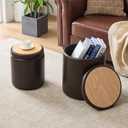 oakvivo Round Set of 2 14.76" L x 14.76" W x 17.32" H Faux Leather Ottoman with Storage, Small Foot Rest Storage Ottomen with Lid Living Room, Bedroom Vanity Stool Chair, Coffee
