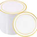 BUCLA 100Pieces Gold Plastic Plates - 6.25 Inch White with Gold Rim Disposable Salad/Dessert/Appetizer/Small Cake Plates Premium Hard - Ideal for Wedding, Party