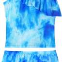 Girls Tankini Swimsuit Two Piece Bathing Suit Colorful Toddler Kids Ruffle Swimwear Adjustable Strap Summer Beach (Blue)size 150