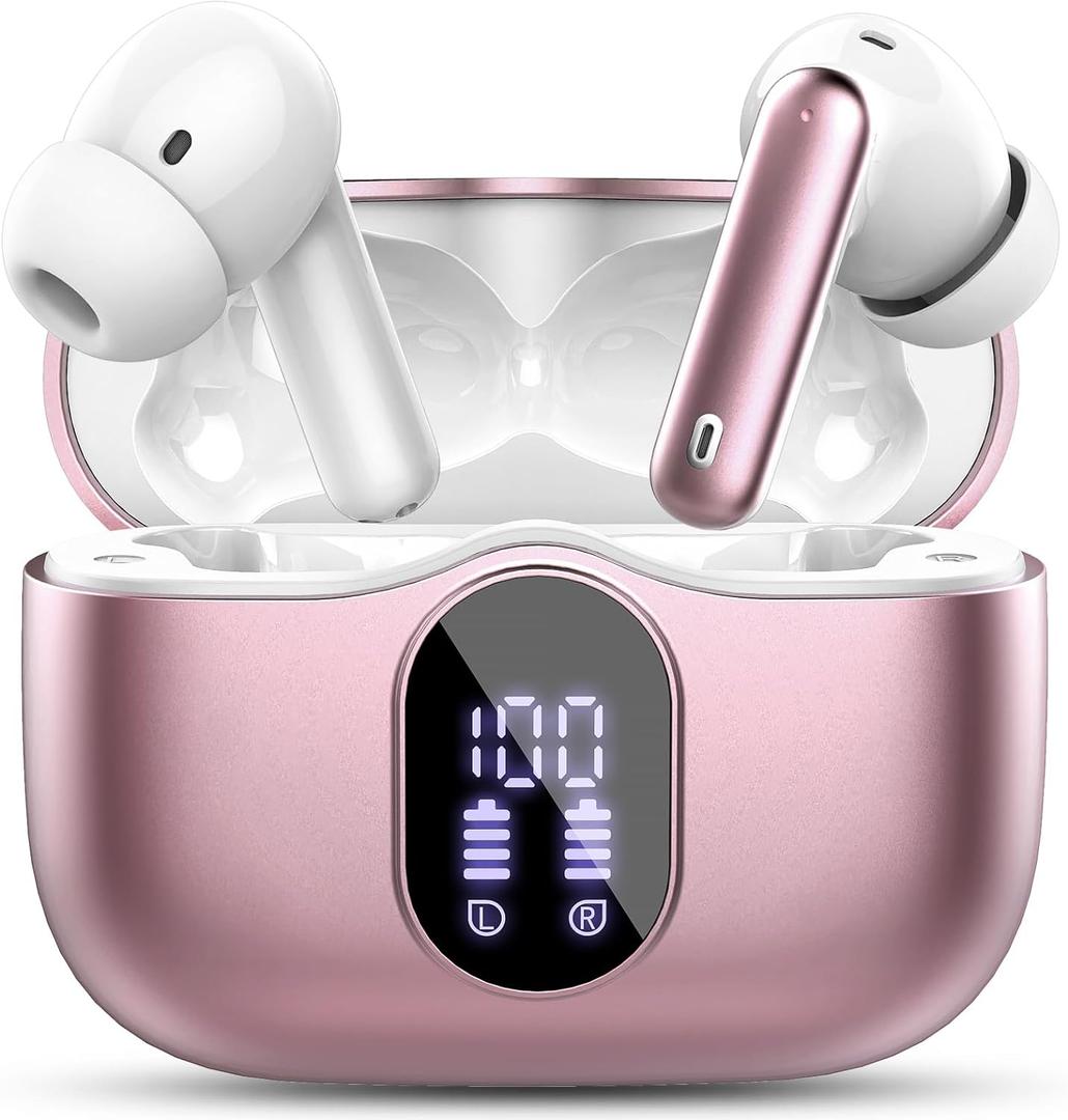 Wireless Earbuds Bluetooth 5.4 Headphones Bass Stereo Ear Buds with Noise Cancelling Mic LED Display in Ear Earphones IP7 Waterproof 36H Playtime for Laptop Pad Phones Sports Workout Rose Gold