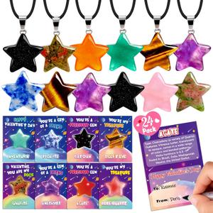 24 Pack Star Necklace Set Valentines Day Cards for Kids School, Valentine Cards for Kids Classroom for Boy Girl Party Favors natural stone necklace Crystal Gemstone Pendant Valentine Bulk Gifts