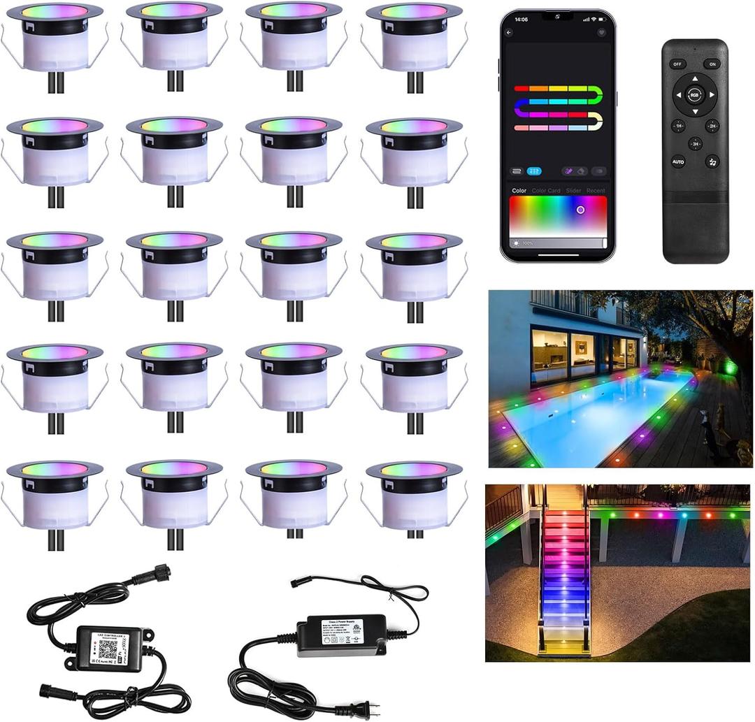 Sumaote LED Deck Lights Kit, 20 Pack 1.77" RGBW+IC Multicolor Dynamic Low Voltage Recessed Landscape Lights, IP67 Waterproof 12V Step Light Outdoor for Garden Yard Path Ground Stairs