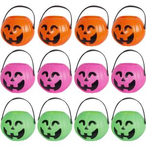 Mini Halloween Pumpkin Bucket Orange & Green & Pink Plastic Halloween Witches Cauldron Kettle Multi-Purposed Novelty Candy Holder Decor for Halloween Party (12 Pack)