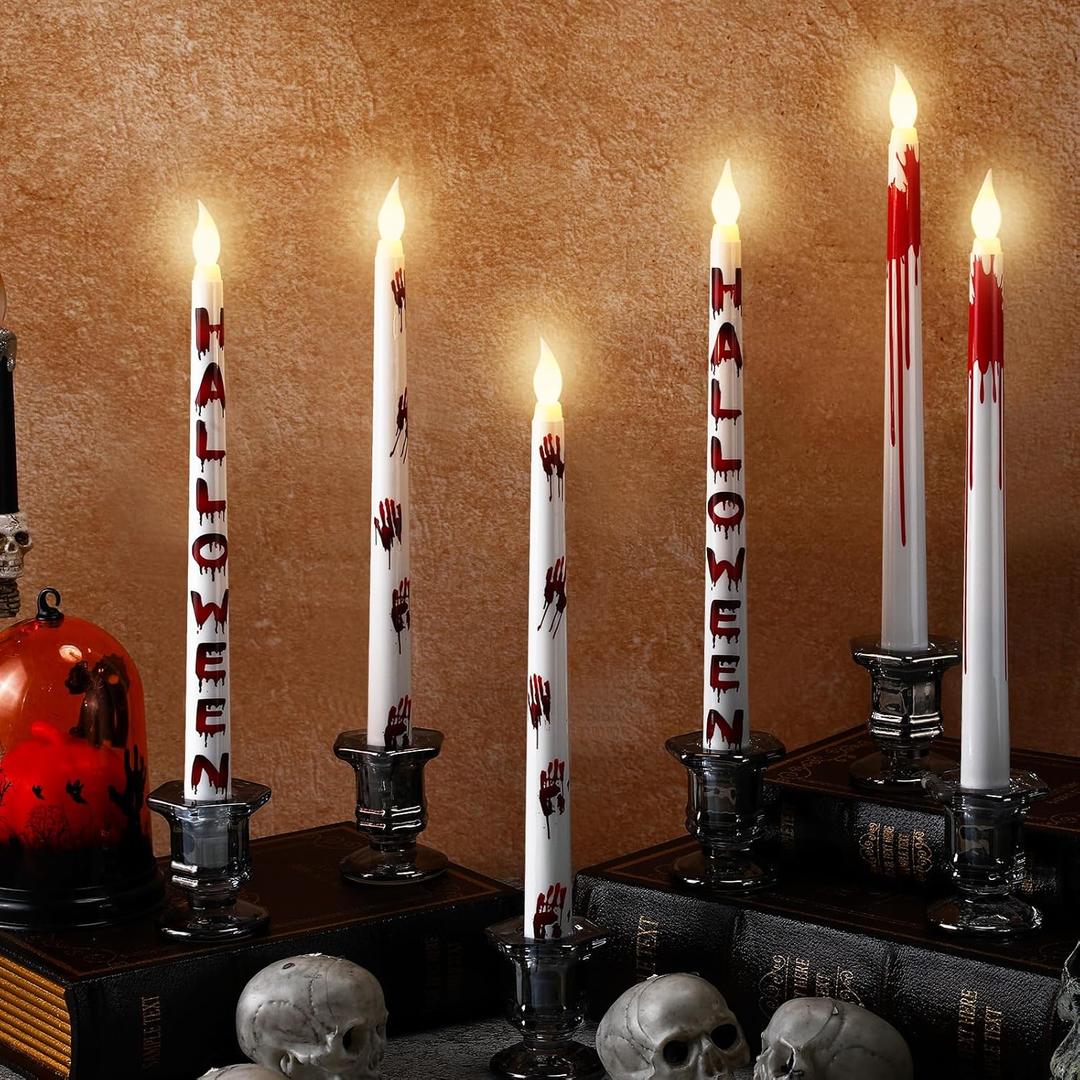 6 Pcs Halloween Flameless Taper Candles 11 Inch Long Red White Battery Operated LED Bloody Handprints Candles Haunted Table Centerpiece for Holiday Party Table Decor