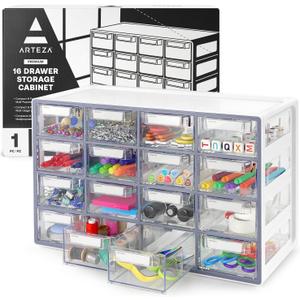 Arteza 16 Drawer Organizer and Storage Cabinet  Clear Plastic, Stackable Drawers for Makeup, Crafts, Sewing, Office Supplies, Small Parts & Tools.