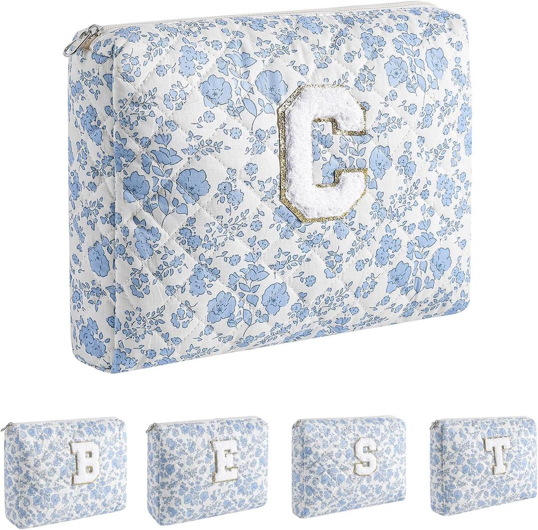 Alphabet Makeup Bag Cosmetic Bag for Women, Christmas Gifts for Age 11-18, Personalized Floral Coquette Travel Bag, Trendy Stuff Zipper Make Up Pouch Organizer Bag (Blue Floral C)