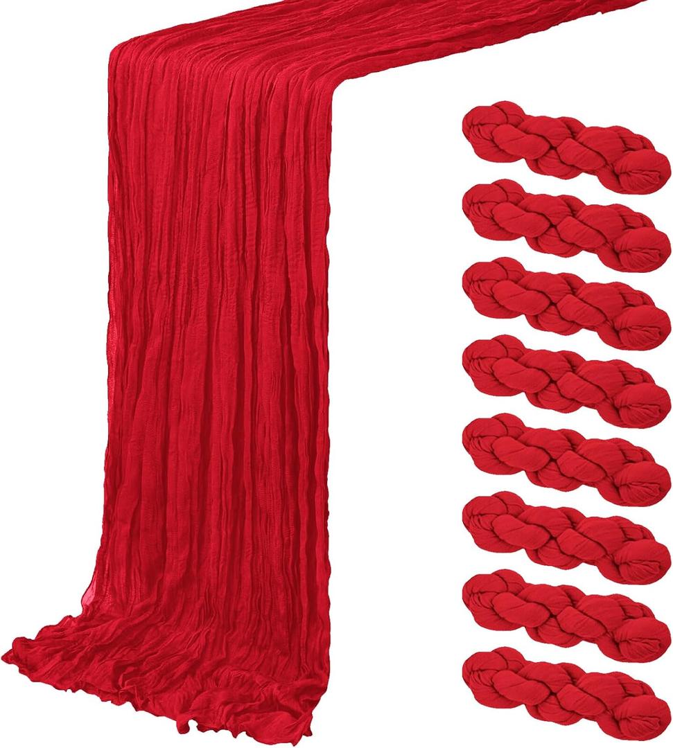 8 Pack Red Cheesecloth Table Runner 20 x 120 inch Gauze Table Runners 10 FT Long,Semi Sheer Boho Cheese Cloth Fabric Table Runner Bulk for Party,Wedding,Baby Shower,Bridal Shower Decoration