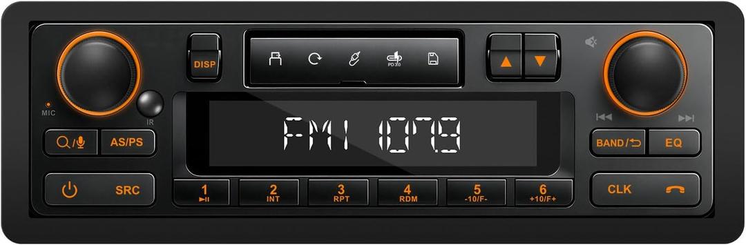 Retro Bluetooth Car Radio System: Single Din European Look Stereo for Classic Vehicles - LCD Display AM FM USB SD AUX USB-C Fast Charge 4-CHN Outputs