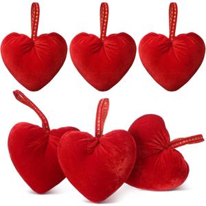 Wenqik 6 Pcs Valentines Hanging Heart Ornaments Handmade Velvet Hearts Gifts 4.3 Inches Hearts Hanging Valentine Tree Ornaments for Bride Shower Wedding Anniversary Decorations(Red)