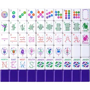 American Mahjong Tile Set 160 Acrylic Tiles with 4 All-in-One Mahjong Tile Racks & Pushers, 12 Zodiac Designs, 4-Layer Colors, 100 Chips, 3 Golden Dice, Vintage Leather Portable Case, 1.3 1 0.6 inches